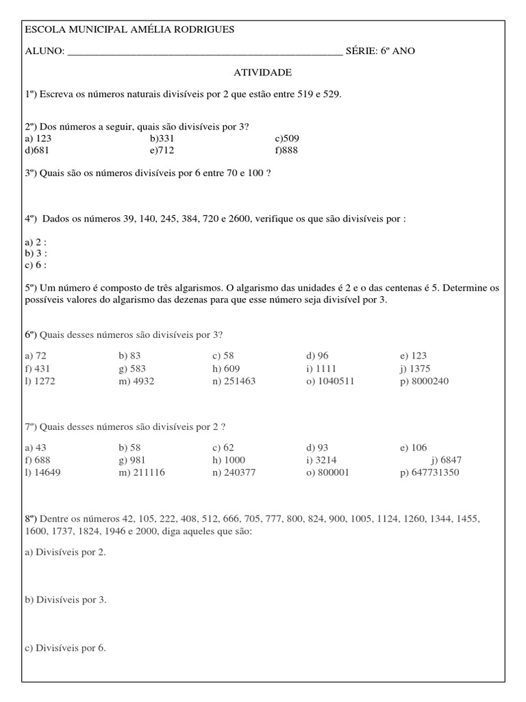 Atividades de Divisibilidade 6º Ano | PDF | Ensino de Matemática