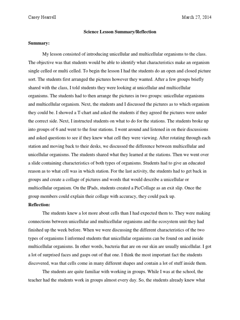 Science Lesson Reflection | PDF | Cell (Biology) | Organisms