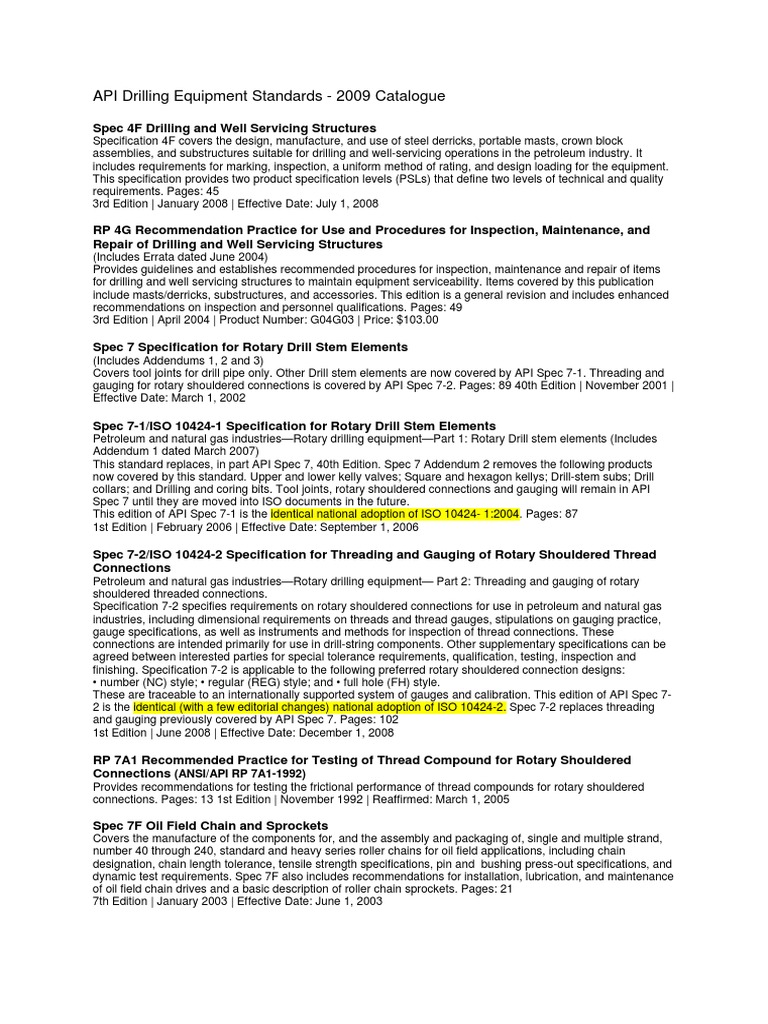 API Drilling Equipment Standards - 2009 Catalogue: (ANSI/API RP 7A1 ...