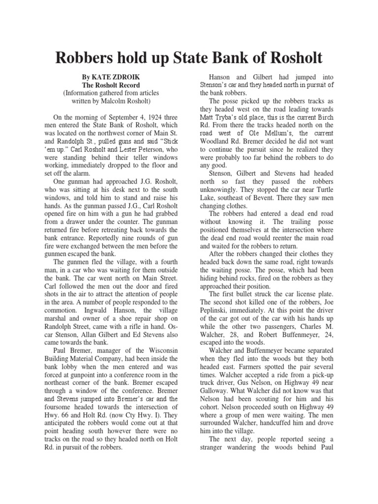 1924 Rosholt Bank Robbery Report | PDF | Gunfighter | Violence