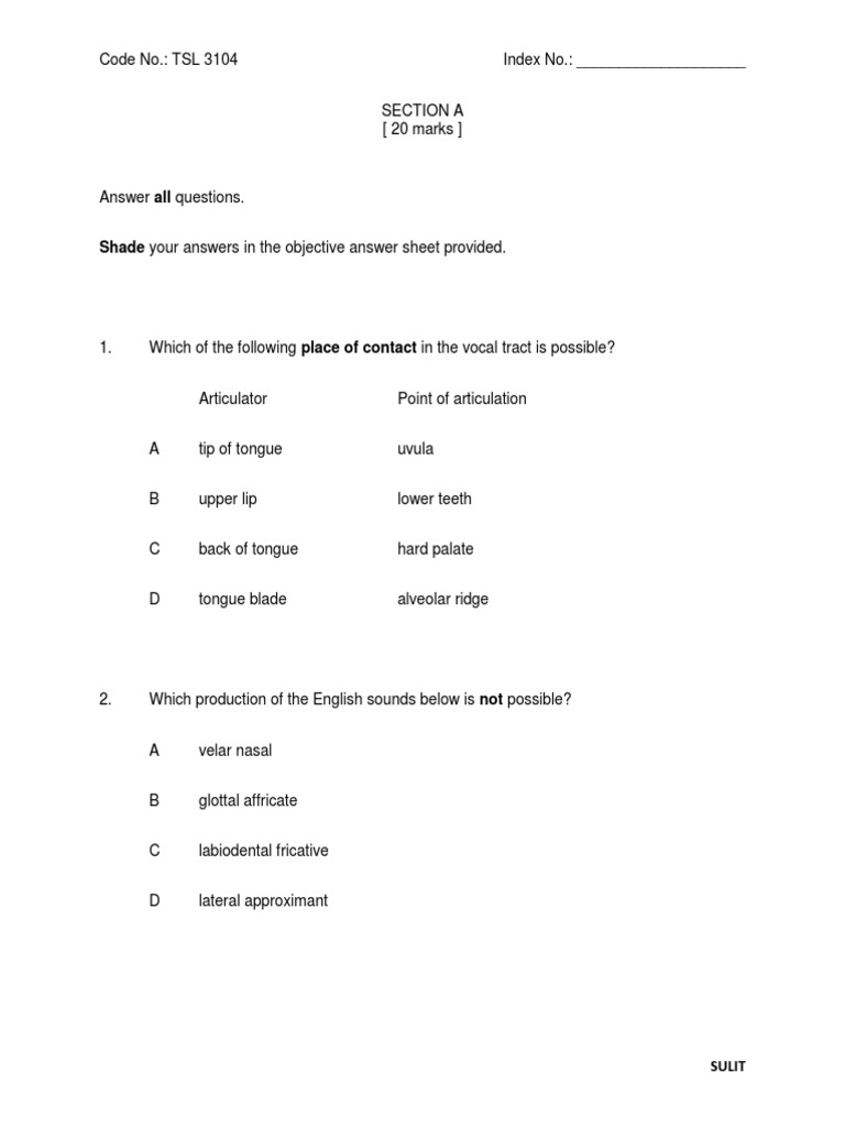Shade Your Answers in The Objective Answer Sheet Provided | PDF | Vowel ...