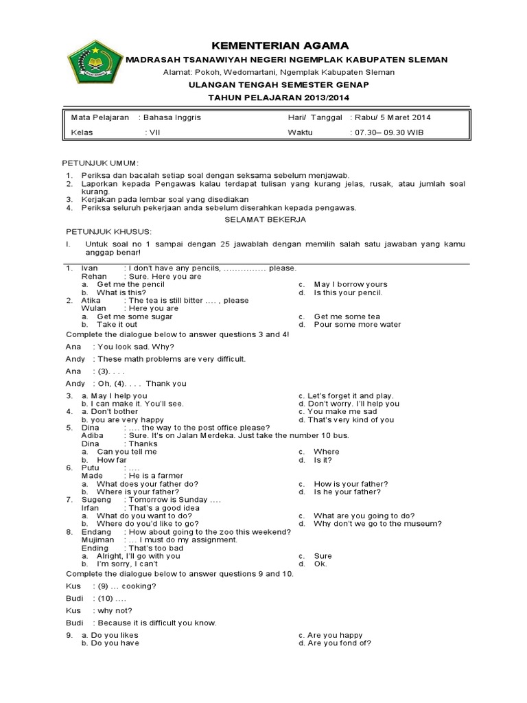 Soal Mid Semester Genap Kelas Vii Bedroom Desk