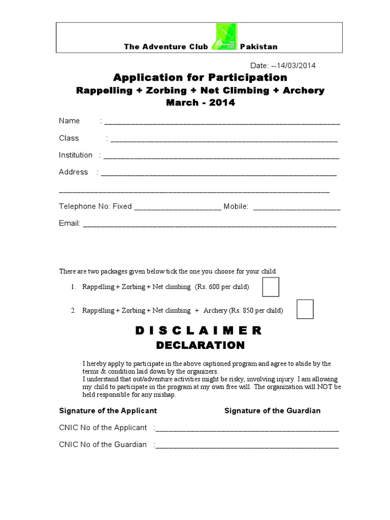 Application For Participation: Rappelling + Zorbing + Net Climbing ...