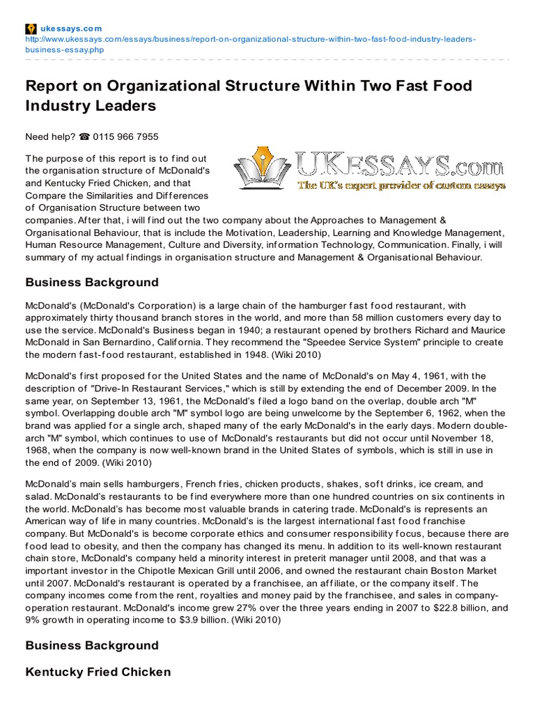 Report On Organizational Structure Within Two Fast Food Industry