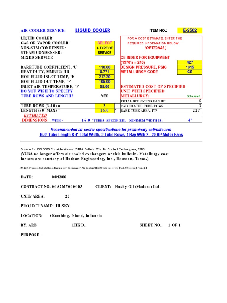 Liquid Cooler: Ce Index For Equipment Design Pressure, Psig Metallurgy ...