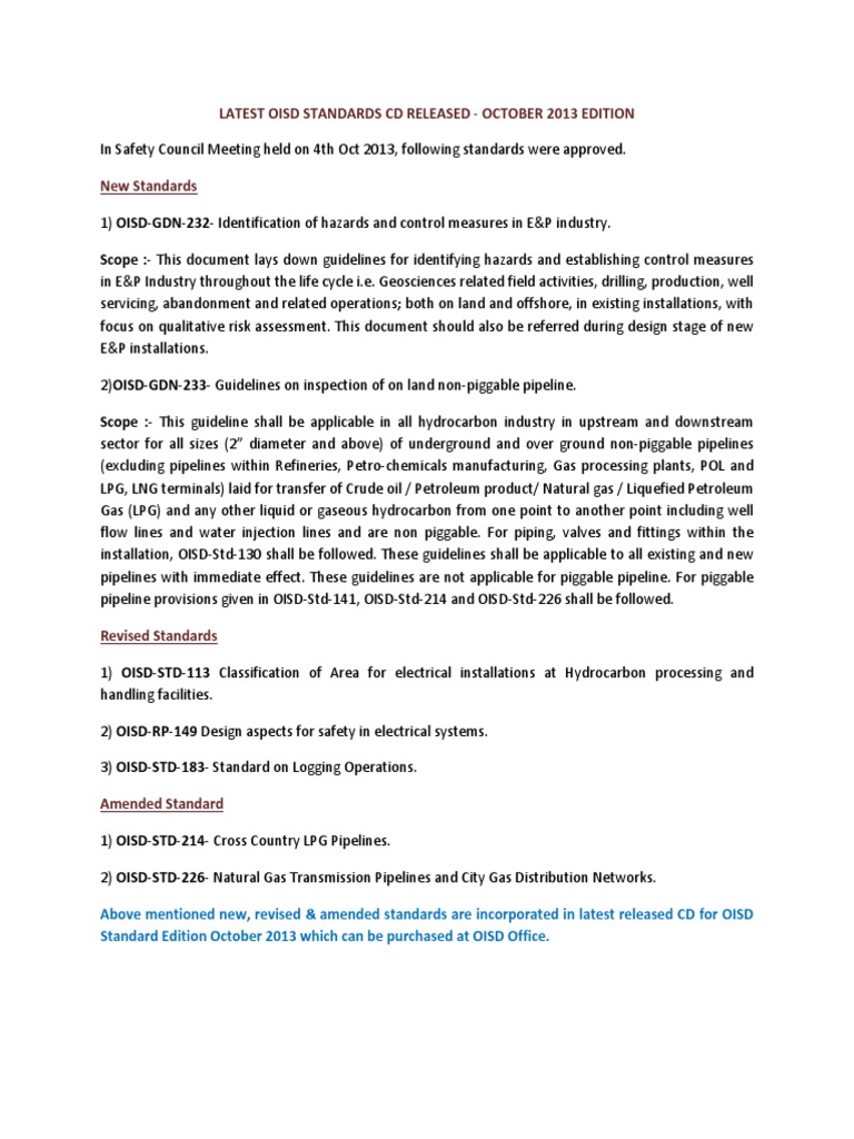 Latest Oisd Standards CD Released October 2013 Edition PDF Chemical Process Engineering