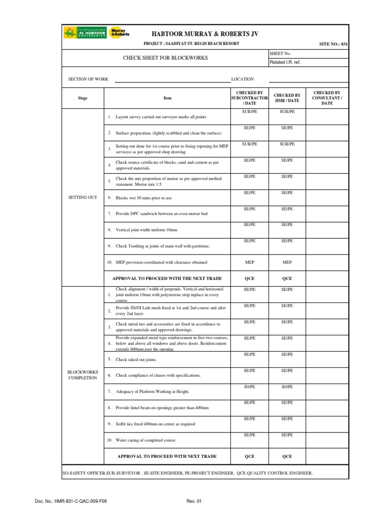 Checklist for Brickwork