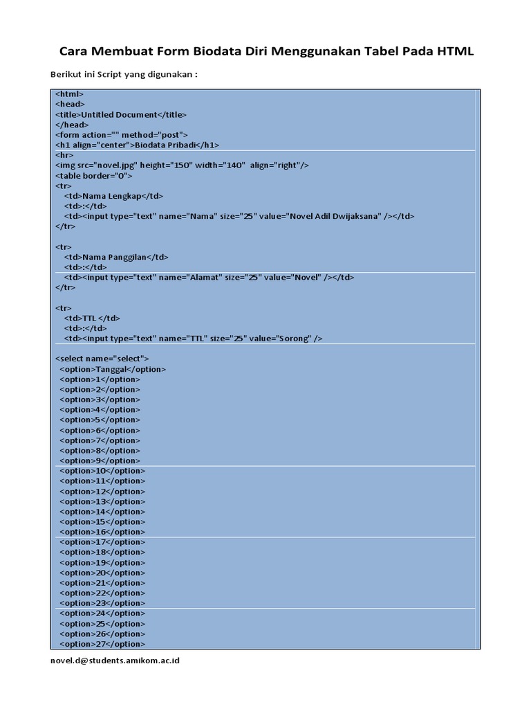 Cara Membuat Form Biodata Diri Menggunakan Tabel Pada HTML | PDF