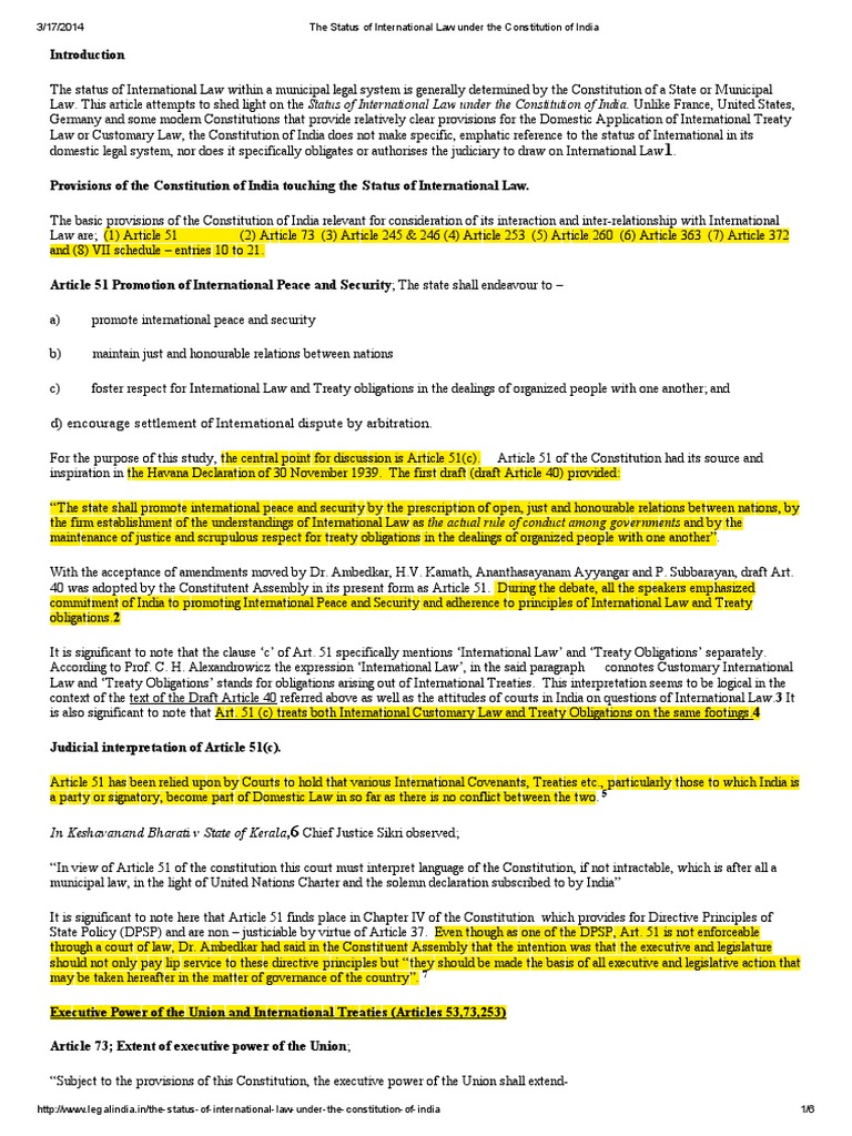 The Status of International Law Under The Constitution of India | PDF ...