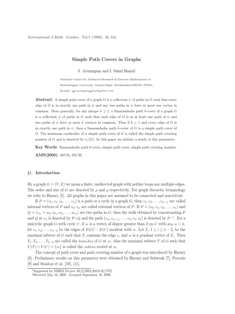 Simple Path Covers in Graphs | PDF | Vertex (Graph Theory) | Graph Theory