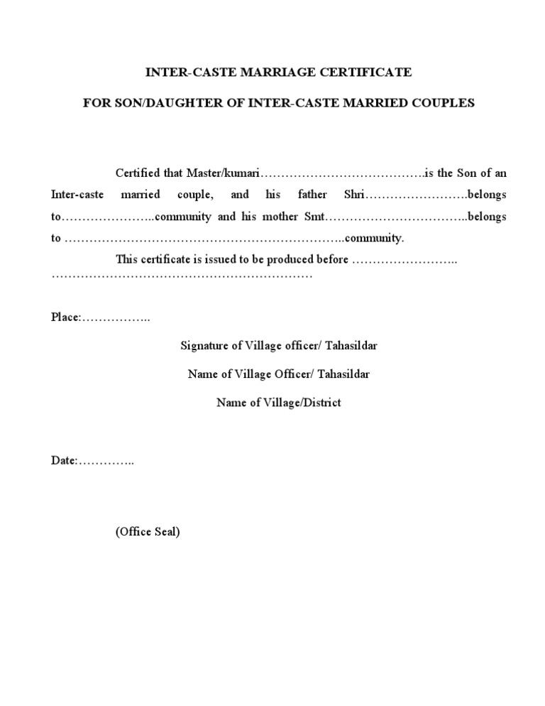 Inter Caste Marriage Certificate PDF