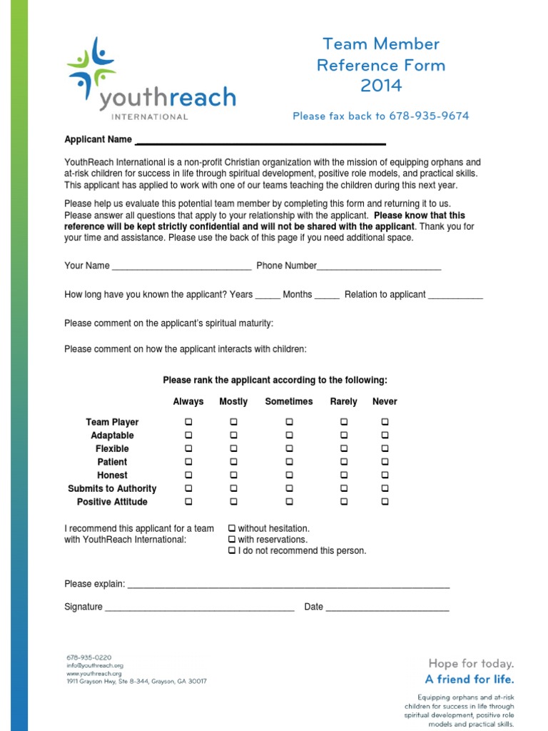Team Member Reference Form for YouthReach | PDF | Career & Growth ...
