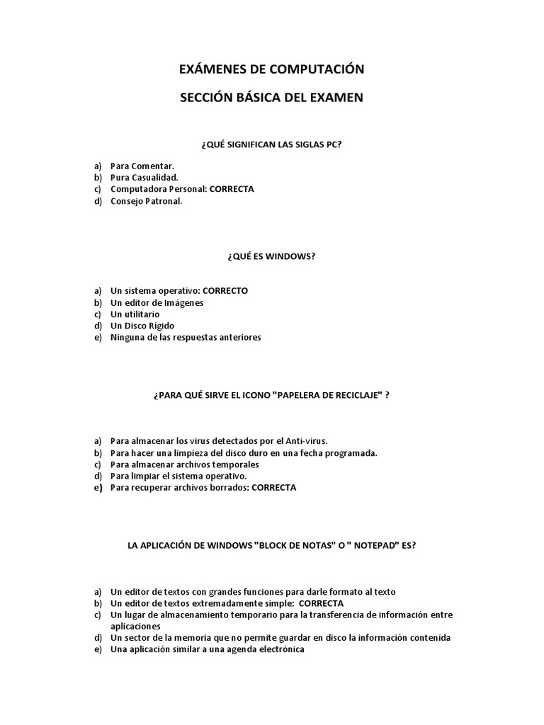 Exámen de Computación Básica | PDF | Memoria del ordenador | Periférico