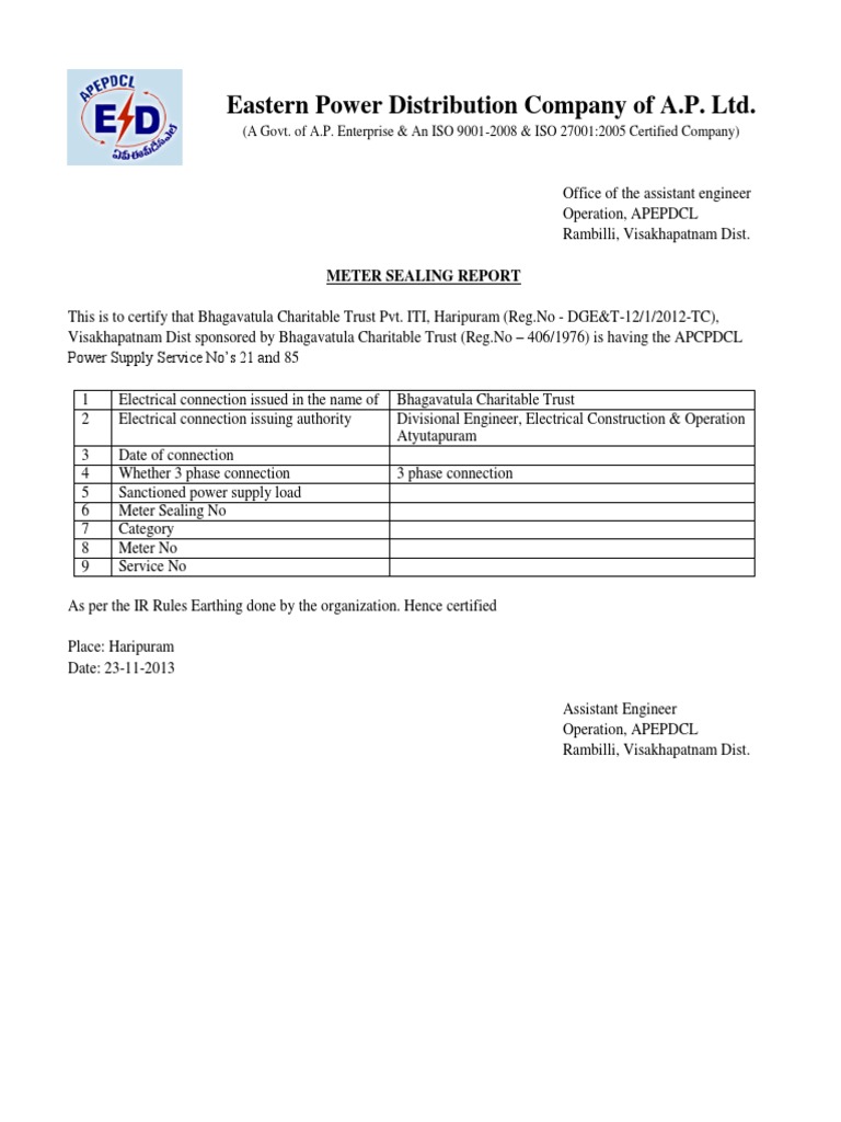 Meter Sealing Report for Bhagavatula Trust | PDF