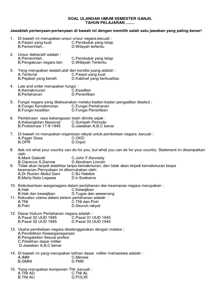 Soal Pkn Smp Kelas 9 Semester Ganjil Ok