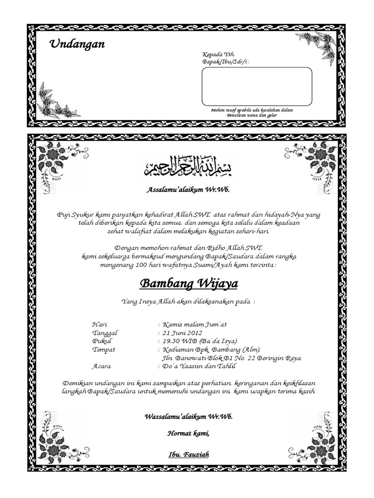 Contoh Surat Undangan Tahlil 40 100 1000 Hari Haul