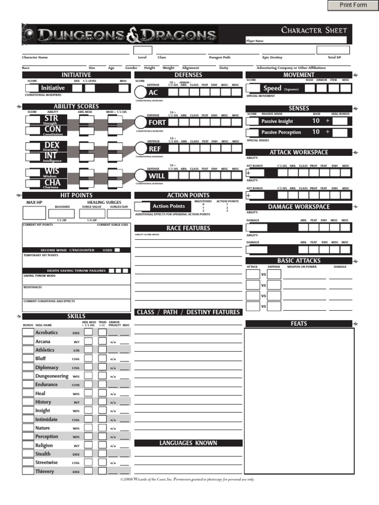 D D 4th Edition Character Sheets Fillable Leisure Activities Fantasy Games