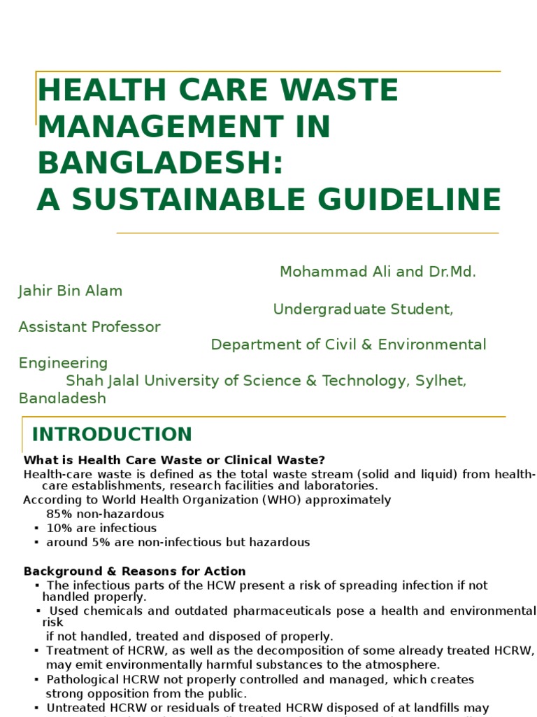 Health Care Waste Management in Bangladesh a Sustainable Guideline