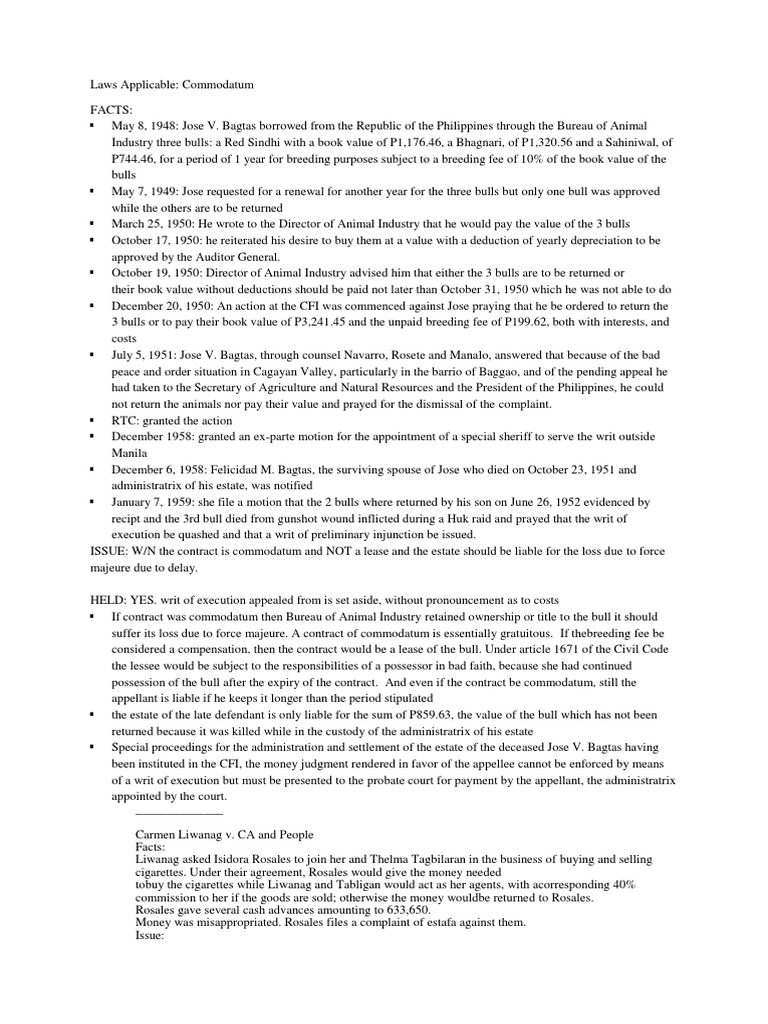 Commodatum Contract in Bagtas Case | PDF | Loans | Usury
