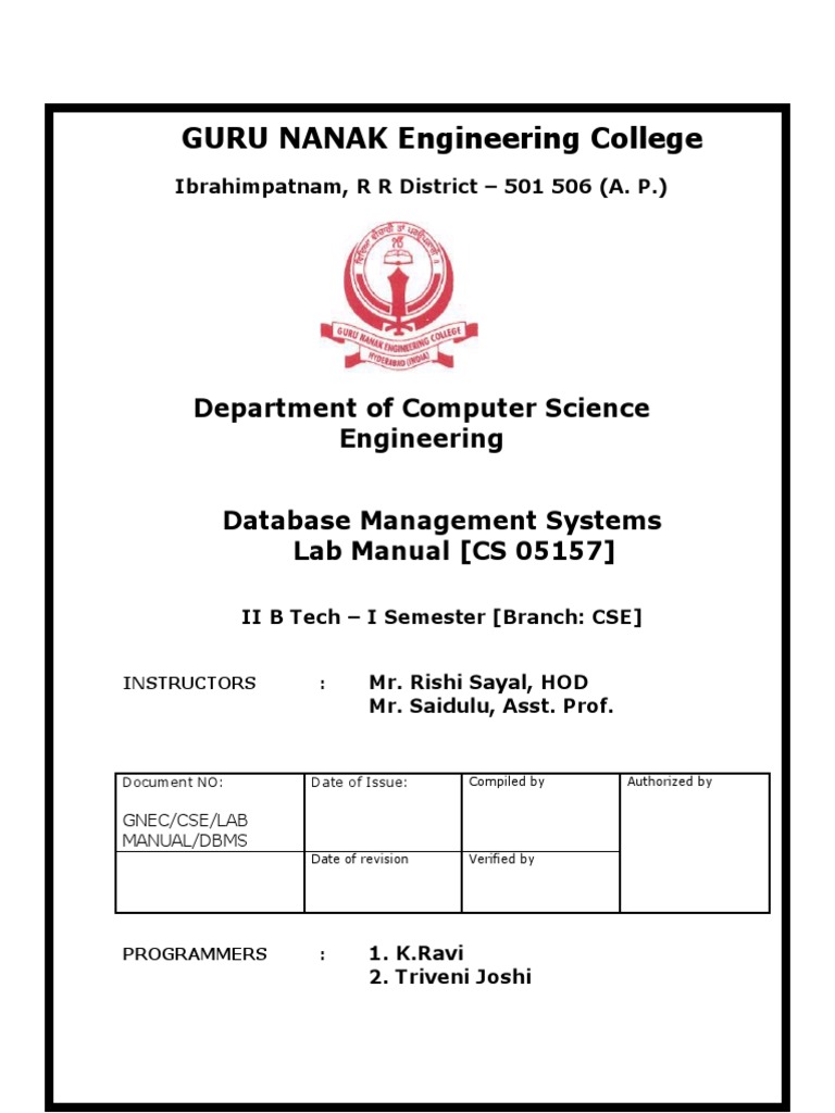 Dbms Lab Manual Download Free PDF Database Schema Databases