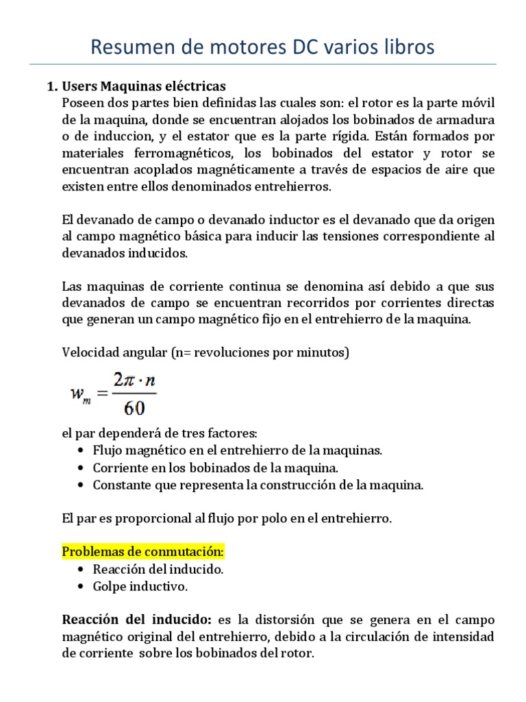 Resumen de Motores DC Varios Libros | PDF | Inductor | Corriente eléctrica