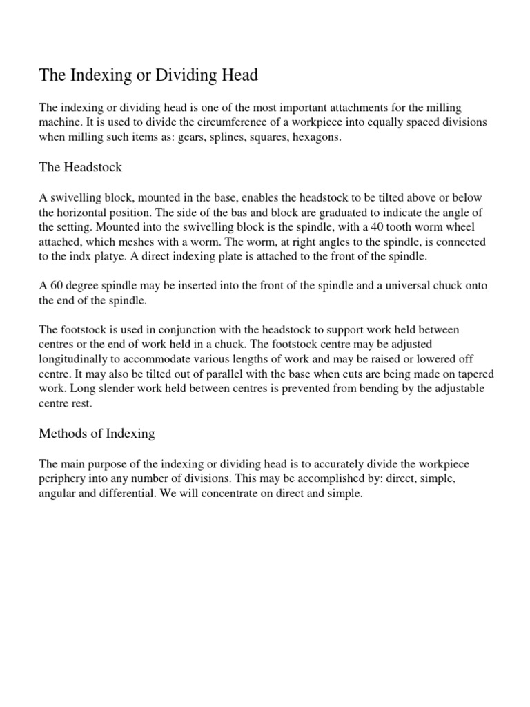 A Comprehensive Guide to Indexing Methods and Calculations Using the Dividing Head Attachment