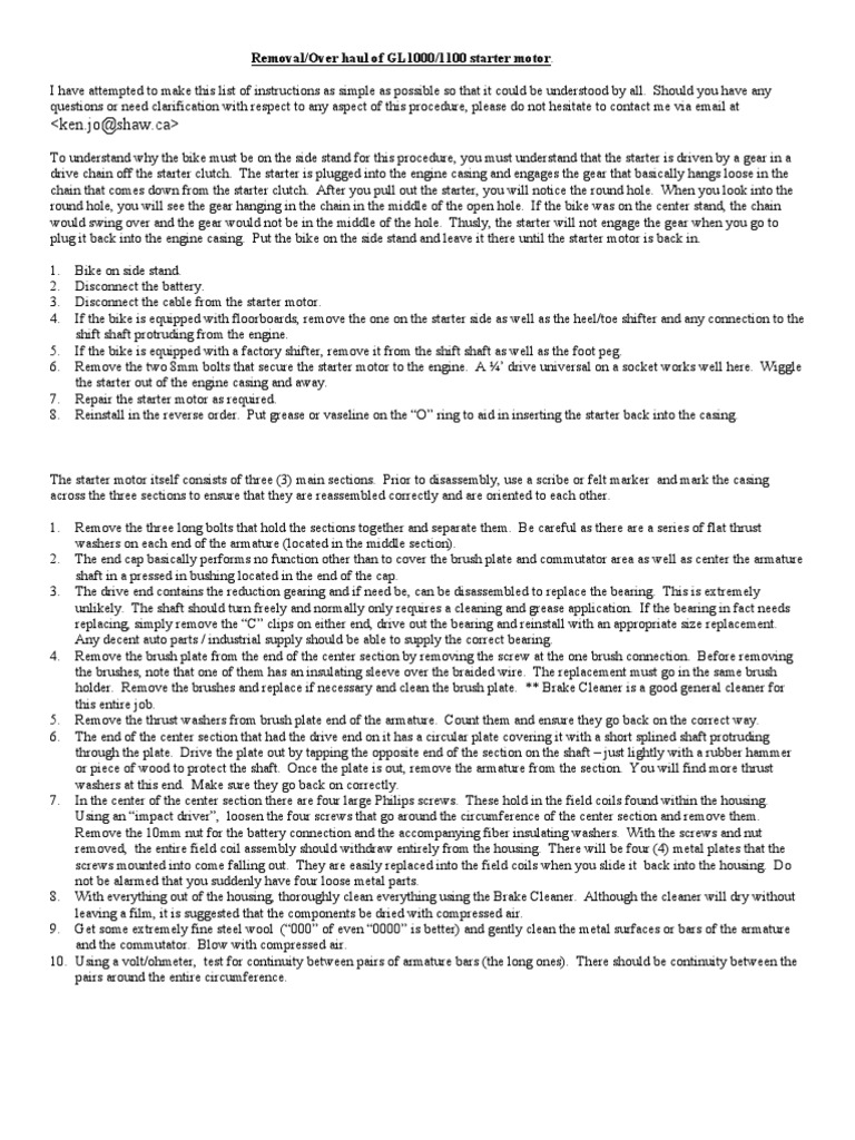 Honda Goldwing GL1000 GL1100 Starter Rebuild17E1C PDF Wire Screw