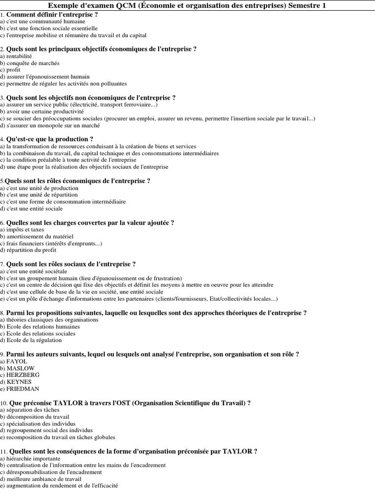 Exemple examen QCM_Eco & Org d'entraprise S1.pdf  Business  Économie