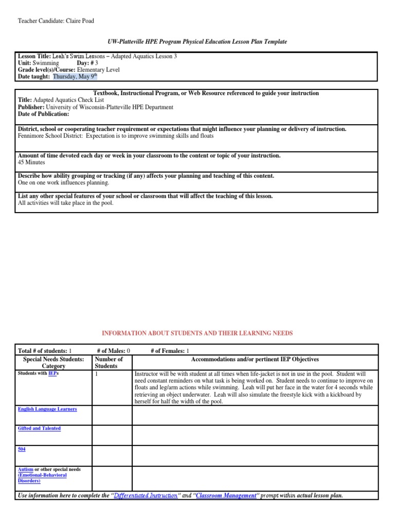 3 Adapted Aquatics Lesson Plan Template 3 | PDF | Lesson Plan ...