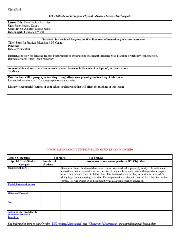 Floor Hockey Lesson Plan Individualized Education Program