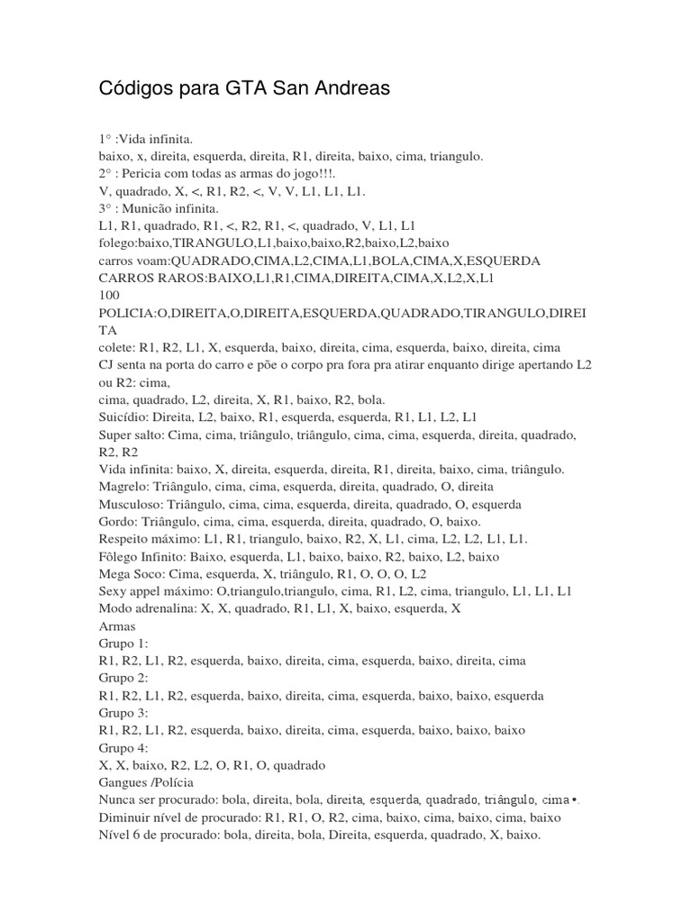 Códigos para GTA San Andreas PDF Táxi Tráfego