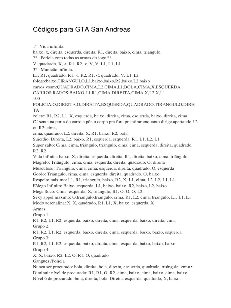 Mais de 60 Códigos de GTA San Andreas - Jogos Palpite Digital