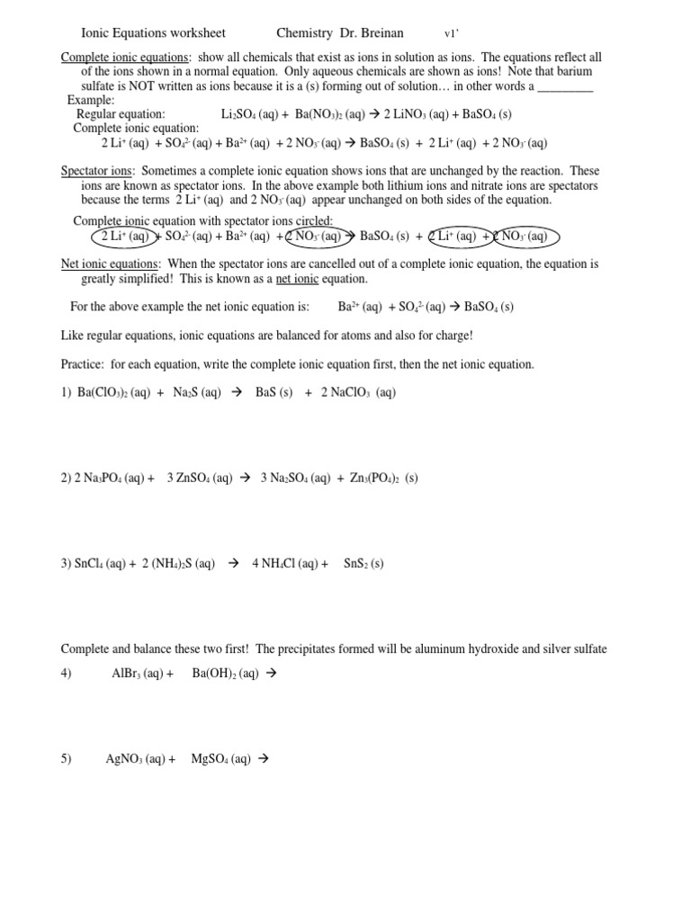 Ionic Equations Worksheet  PDF Throughout Net Ionic Equations Worksheet