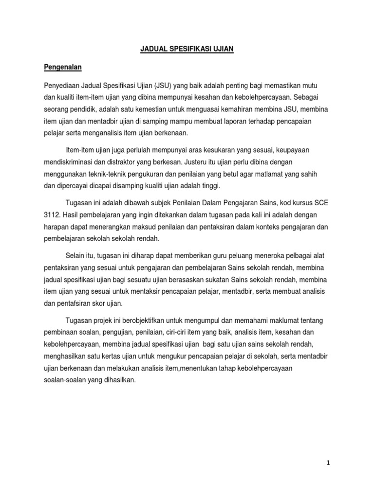 Jadual Spesifikasi Ujian Pdf