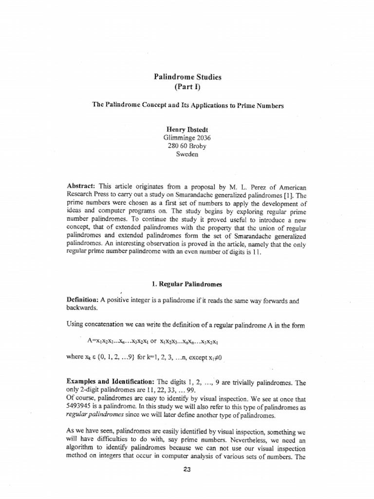 Palindrome Studies Part 1 Pdf Prime Number Numbers
