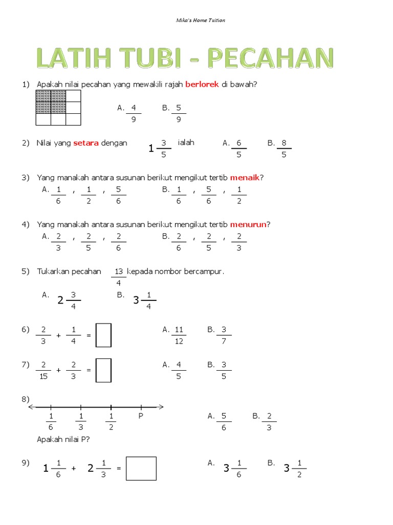 Soalan Pecahan Tahun 4 - Persoalan v