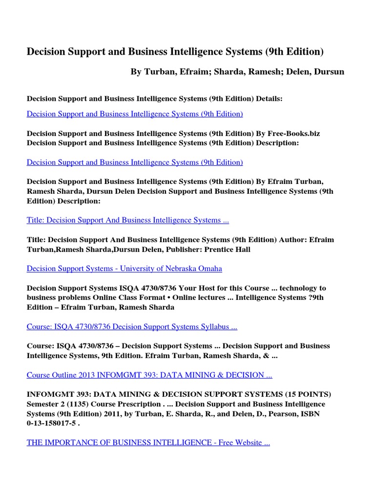 Decision Support and Business Intelligence Systems (9th Edition)  [20ebooks.com] | Decision Support System | Business Intelligence
