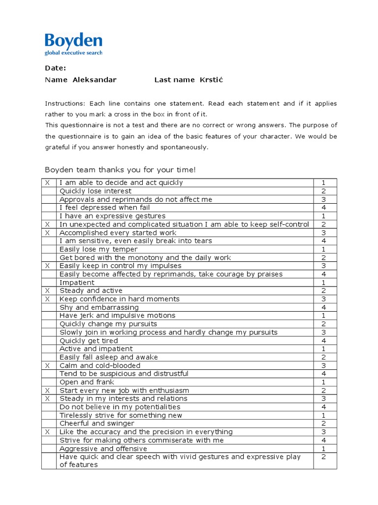 Boyden Questionnaire in English | PDF | Psychological Concepts | Psychology