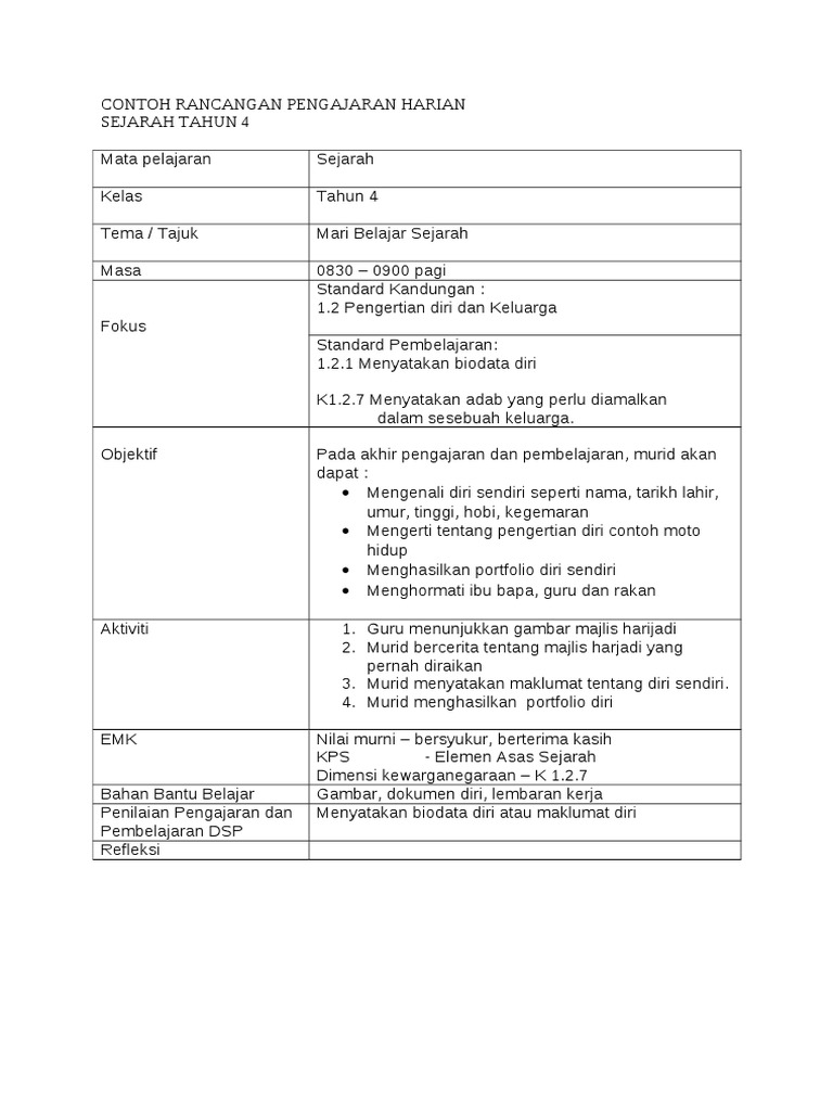 Rph Sejarah Tahun 4 Biodata Diri