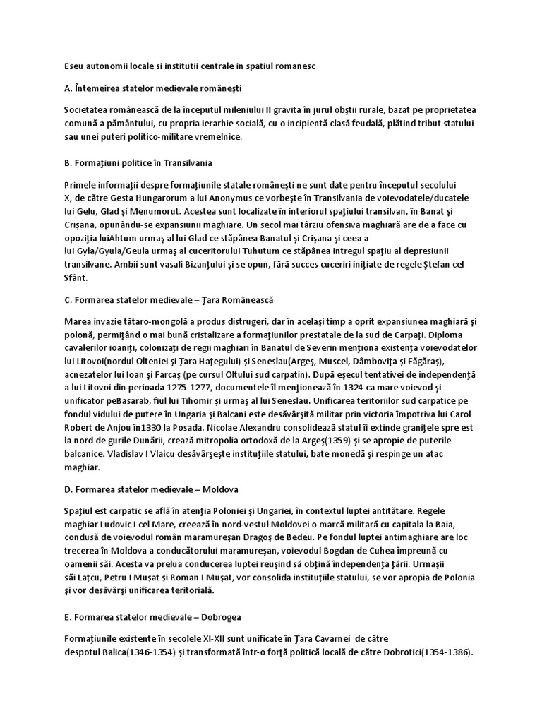 Autonomii Locale Si Institutii Centrale in Spatiul Romanesc