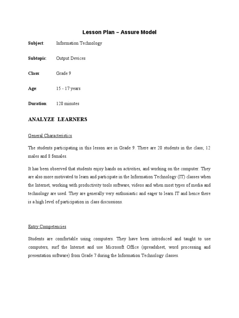 Output Devices Lesson Plan for Grade 9 | PDF | Lesson Plan | Input/Output