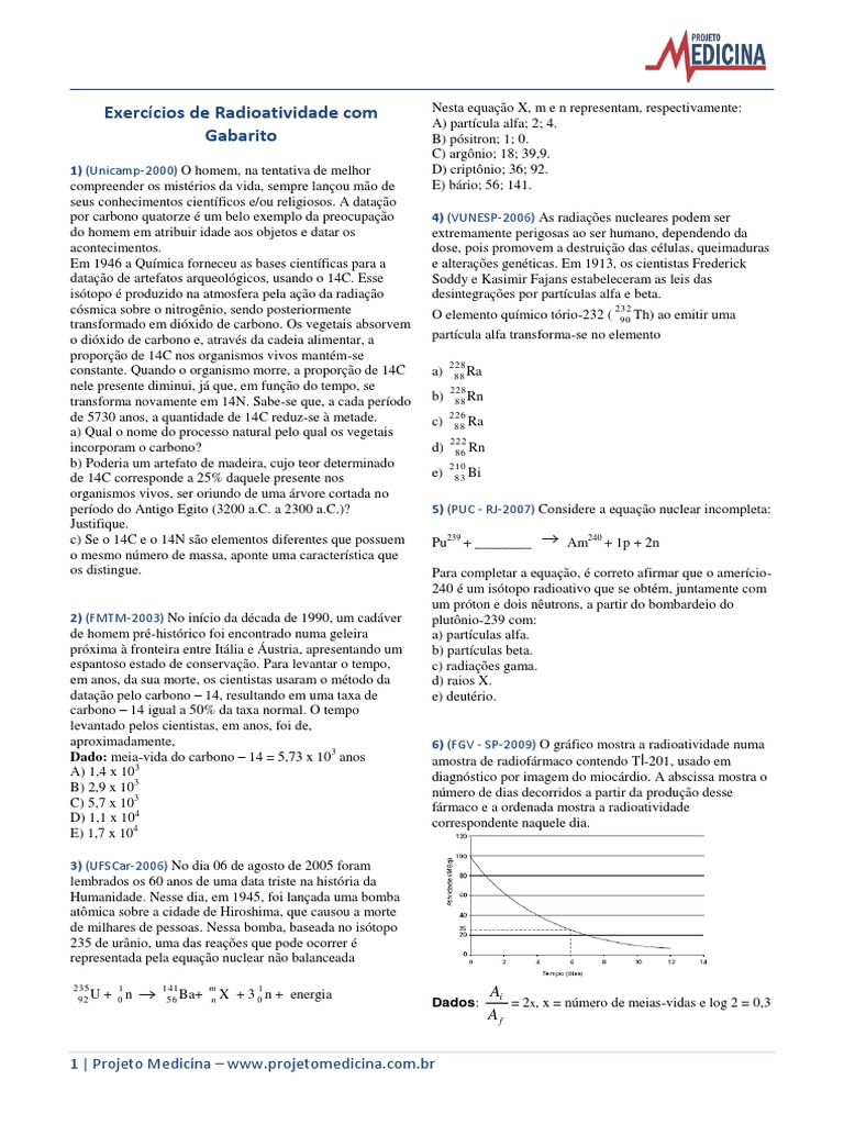 Exercícios de Radioatividade para 9º Ano | PDF | Radioatividade | Urânio