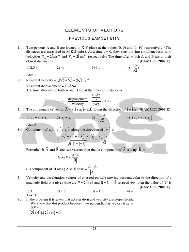 Elements of Vectors: EAMCET Problems | PDF | Rates | Space