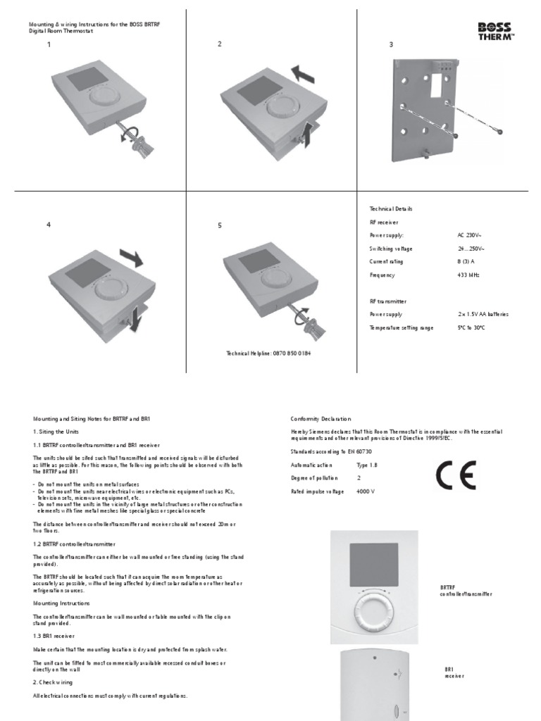 BOSS Therm Electronic Room Thermostat Installation Instructions BRTRF | PDF