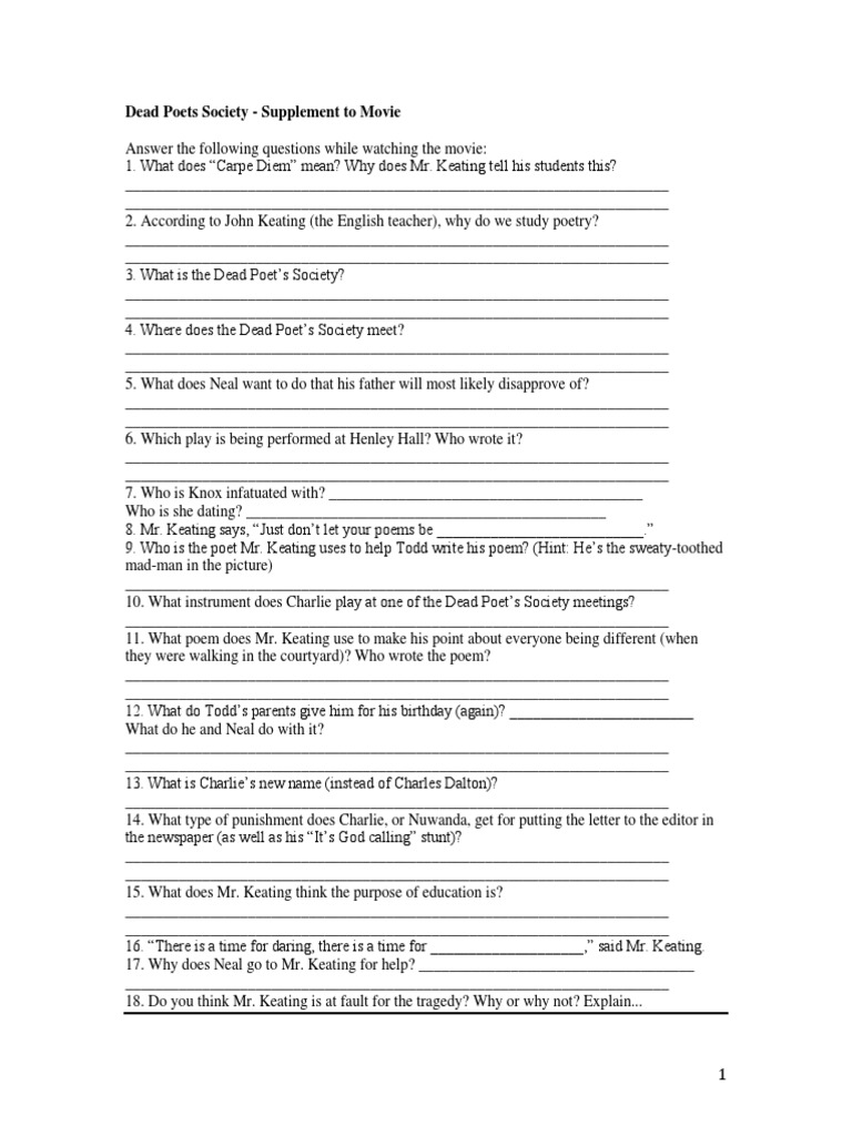 Dead Poets Society Worksheet PDF Plot Narrative Poetry