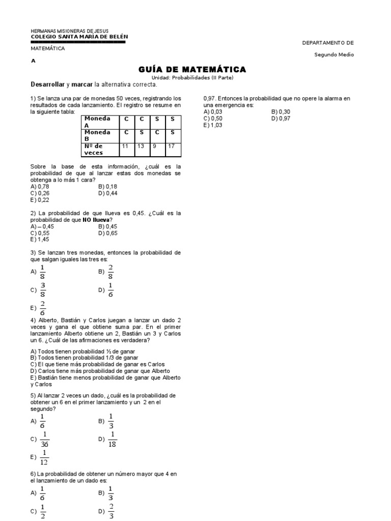 Guía de Probabilidades para Segundo Medio | PDF | Lápiz | Probabilidad