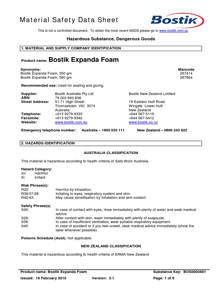 Bostik Expanda Foam Msds Dangerous Goods Fires