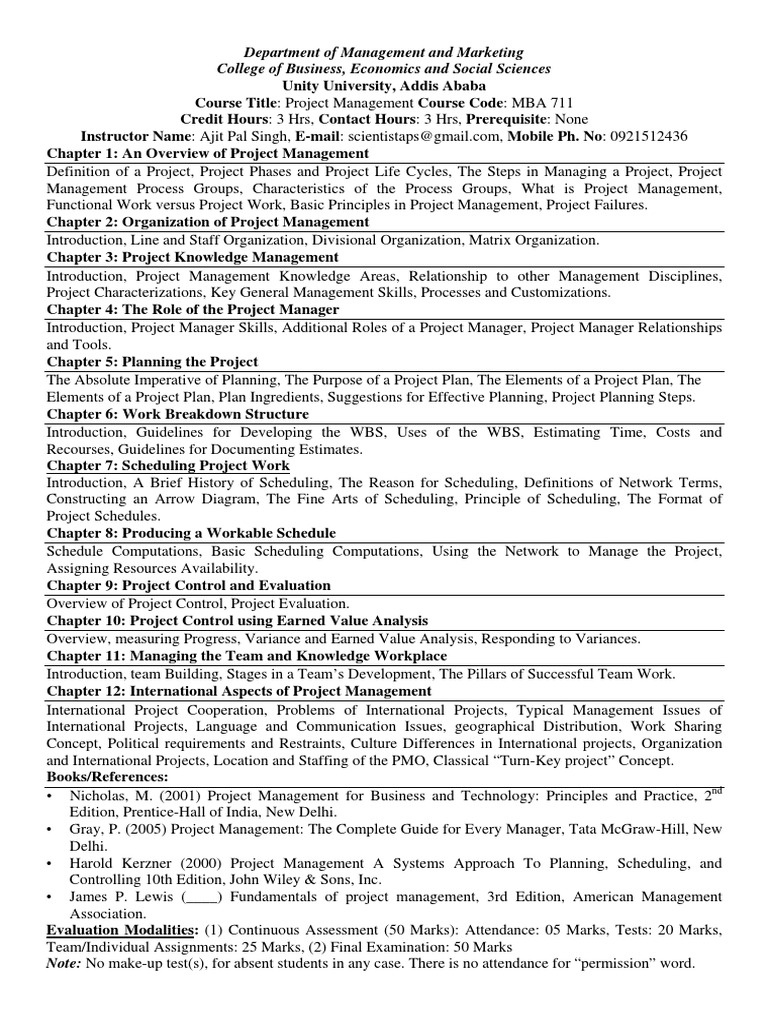 Project Management Course Outline | PDF | Project Management | Leadership