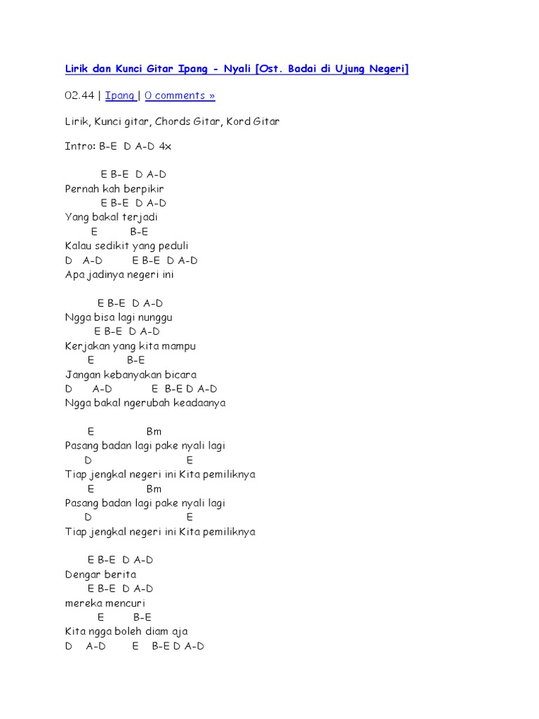 Lirik Dan Kunci Gitar Ipang Nyali