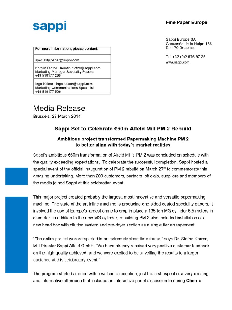 Press Release Sappi Alfeld Mill Pm 2 Rebuild Papermaking Paper